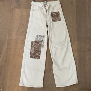 Abercrombie & Fitch Kids Cream Wide Leg Jeans with Floral Patches